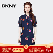 唐可娜兒（DKNY）【京東奧萊】夏季新款印花雪紡連衣裙女時(shí)尚收腰顯瘦氣質(zhì)短袖DD2A 黑色 S