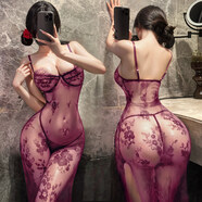 臻媚睡衣女情趣內衣蕾絲透明連衣長(cháng)裙丁字褲套裝夫妻調情 韻味紫 0341