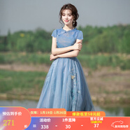 煙花燙超仙森系連衣裙女2026早春新品淑女收腰繡花網(wǎng)紗中長(cháng)裙子 化雪 寶藍色 S