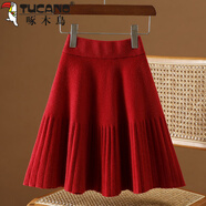 啄木鳥(niǎo)（TUCANO）針織半身裙女2026秋冬新款高腰顯瘦a字外穿傘裙彈力大擺百褶短裙 紅色 S