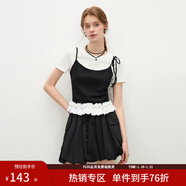 范思藍恩韓式減齡木耳邊假兩件T恤女夏季2025新款短袖上衣2182 黑白拼 XS