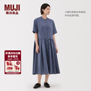 MUJI女式 漢麻 棉 短袖連衣裙 女裝裙子25年夏季寬松透氣長(cháng)裙BC2MJC5S 煙熏藍色 XL （165/92A）