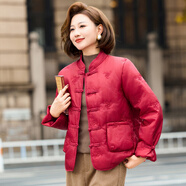 俏博萊新中式媽媽短款羽絨棉服中年女裝秋冬裝小棉襖中老年新款棉衣外套 紅色 4XL (建議135-150斤)