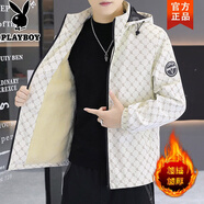 花花公子（PLAYBOY）外套男秋冬季2025新款加絨加厚潮流帥氣休閑百搭夾克青少年棉襖 8835米白色 【加絨加厚】 M （適合90-110斤）