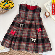 R.DUCKKIDS女童小香風(fēng)毛呢背心裙套裝2025冬新款兒童拜年禮服加絨格子百褶裙 蝴蝶結格子裙 加絨 100