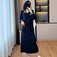韓系大碼減齡休閑顯瘦運動(dòng)套裝裙女2025秋冬寬松衛衣百搭兩件套裙 藍色 M