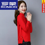 羅蒙（ROMON）25年新款針織衫寬松加厚秋冬半高領(lǐng)毛絨衫短款開(kāi)叉打底毛衣上衣女 紅色 3XL 【140-155斤】