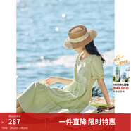 茵曼（INMAN）七七同款連衣裙2026夏女裝新款田園純棉提花方領(lǐng)A字泡泡袖蛋糕裙 淡綠色 74.6%粘纖 25.4%棉  M