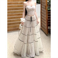 175加長(cháng)高個(gè)子米色系繩公主風(fēng)拼接半身裙女夏季寬松透氣網(wǎng)紗長(cháng)裙 米色款 常規 S (175)