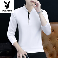 花花公子（PLAYBOY）立領(lǐng)純棉長(cháng)袖t恤男裝秋冬季打底衫加絨加厚V中半高領(lǐng)保暖內衣 LQ-春秋221立領(lǐng)-白色 薄款 M 碼[90-115斤]