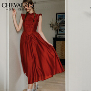 CHEVALPES國際一線(xiàn)品牌法式復古連衣裙馥郁櫻桃設計感長(cháng)裙 高腰A字型通勤風(fēng) 紅色 XS