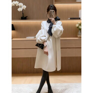 FHHUABD法式赫本風(fēng)蝴蝶結連衣裙子女秋冬名媛千金風(fēng)毛呢裙感女裝 白色連衣裙 L