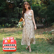Olrain【5折】吊帶碎花連衣裙夏季女裝浪漫優(yōu)雅長(cháng)裙子度假沙灘裙 紫花色 S