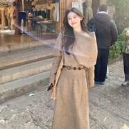 纖晟伊設計感氣質(zhì)慵懶斜肩針織不規則毛衣女秋冬高腰顯瘦半身裙兩件套裝 駝色半身裙【無(wú)腰帶】 S