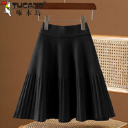 啄木鳥(niǎo)（TUCANO）針織半身裙女2026秋冬新款高腰顯瘦a字外穿傘裙彈力大擺百褶短裙 黑色 M