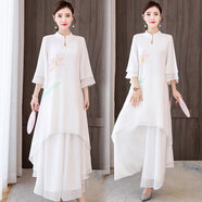 忻縈禪意佛系女裝夏大碼茶服套裝民族風(fēng)連衣裙休閑大腳垮褲文藝減齡雪 連衣裙+闊腿褲 S 【90-110斤】