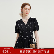 范思藍恩23FS12642茶歇法式碎花連衣裙女夏季新款V領(lǐng)沙灘長(cháng)裙 黑底白花 M