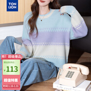 唐獅2025秋季女圓領(lǐng)拼色寬條紋套頭毛衣減齡百搭韓版休閑時(shí)尚