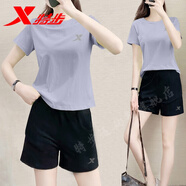 特步速干套裝女夏季薄款冰絲透氣跑步運動(dòng)服寬松短袖短褲女休閑兩件套 輕紗紫(休閑兩件套) S/160