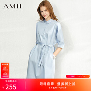 AMII女裝2025夏季新款通勤半開(kāi)襟中袖配腰帶法式連衣裙襯衫裙 冰藍 M 160/84A