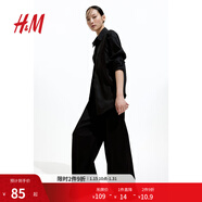 H&M女裝休閑褲秋季印花薄款高腰長(cháng)褲松緊腰寬松直筒闊腿褲1216645 黑色 XL 175/100