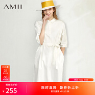 AMII女裝2025夏季新款通勤半開(kāi)襟中袖配腰帶法式連衣裙襯衫裙 米白 M 160/84A