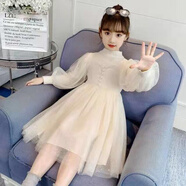 糖衣兔女童連衣裙秋裝2022新款秋冬季洋氣超仙加絨泡泡袖中大童公主裙 米白色 110(適合身高95-103cm)