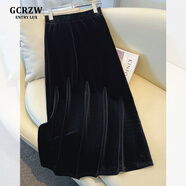 GCRZW輕奢黑色金絲絨半身裙女春秋季2026新款中長(cháng)裙百褶裙傘裙A字長(cháng)裙 黑色 【輕奢氣質(zhì)款】 S /26 建議85-95斤