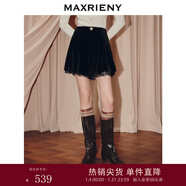 MAXRIENY法式復古收腰A型絲絨短褲25秋款蕾絲拼接傘擺高腰裙褲女 黑色 S