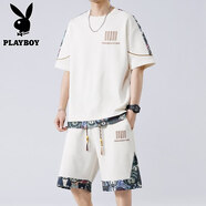 花花公子（PLAYBOY）品牌夏季短袖短褲套裝男寬松國風(fēng)2026新款潮流刺繡T恤兩件套 TZ068米白色 【高品質(zhì)】 L 建議110-125斤