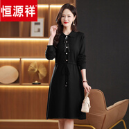 恒源祥秋冬新款知性淑女風(fēng)紅色翻領(lǐng)系帶連衣裙女裝中老年大碼收腰針織裙 黑色 M