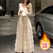 芳履遇巨好看的法式加絨蕾絲白色蛋糕裙連衣裙秋冬天配大衣內搭生日裙子 杏色 S