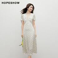 紅袖（hopeshow）感連衣裙2025夏季新款女裝波點(diǎn)泡泡袖蕾絲花邊垂感緞面裙 米底黑點(diǎn)3816 S