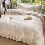 語(yǔ)森憶公主風(fēng)四件套水洗刺繡被套絲滑裸睡床單笠 花熙白色 床單款 1.5m床單款四件套被套200x230