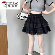 啄木鳥(niǎo)（TUCANO）半身裙女夏季新款芭蕾風(fēng)白色蛋糕短裙仙女網(wǎng)紗蓬蓬裙蕾絲A字裙子 黑色 XL