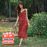 Olrain【5折】吊帶碎花連衣裙夏季女裝浪漫優(yōu)雅長(cháng)裙子度假沙灘裙 紅色印花 XL