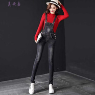 美安嘉春秋牛仔背帶褲套裝女減齡顯瘦吊帶小腳長(cháng)褲連體牛仔褲女彈力韓版 6005黑色長(cháng)褲 XS