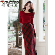 啄木鳥(niǎo)（TUCANO）新年戰袍2026超火穿搭一整套女秋冬紅色毛衣格紋包臀半身裙兩件套 紅色毛衣+格紋半身裙 M