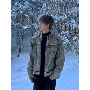 Shelley Jones美式短款牛仔外套男春秋高級感痞帥發(fā)型師潮牌男裝墊肩牛仔衣夾克 藍色 XL [推薦120-140斤]