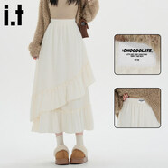 :CHOCOOLATE  it女裝韓版蕾絲中長(cháng)款半身裙女2026早春新款顯瘦百搭休閑長(cháng)裙女 杏色 S