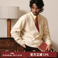 CULTUM美麗諾羊毛秋季學(xué)院風(fēng)雙排扣V領(lǐng)針織衫男長(cháng)袖復古寬松開(kāi)衫毛衣 皓月白 L
