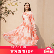 VOA真絲印花喬其三層設計暈染圓領(lǐng)層次下擺甜美淑女連衣裙 AE2513 紅粉暈染（F83） L