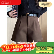小紅書(shū)爆款大碼胖mm毛呢配靴子的短褲女秋冬季外穿棕色休閑 黑色 均碼 S碼[90100斤]