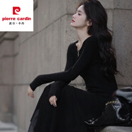 皮爾卡丹法式復古長(cháng)袖拼接針織連衣裙女秋冬設計感小眾配大衣內搭打底長(cháng)裙 黑色【正版品質(zhì)】 M 建議95-110