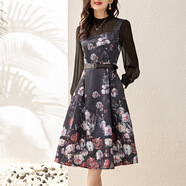 ZHIO【原版質(zhì)量】-法式復古印花拼接假兩件收腰字大擺連衣裙秋冬秀場(chǎng) 黑色 XL