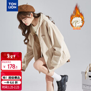 唐獅（TonLion）2025針織外套女休閑衛衣開(kāi)衫連帽上衣 加絨款/淺卡其 XL