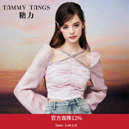 糖力【商場(chǎng)同款】春秋新款 長(cháng)袖輕薄紗質(zhì)鉆飾鏤空短款顯瘦上衣女 粉紅色 S