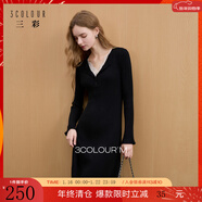 三彩2025冬季新款針織連衣裙蕾絲V領(lǐng)長(cháng)袖收腰長(cháng)裙A字裙簡(jiǎn)約M 經(jīng)典黑 L 165/88A