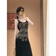 Sun雅喬折腰夏季輕奢重工定位釘珠刺繡無(wú)袖吊帶雪紡連衣裙 玄金黑-吊帶款 XL XL