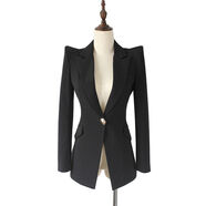 2025春秋新款韓版聳肩中長(cháng)款顯瘦長(cháng)袖黑色修身小西裝外套女職業(yè)裝 黑色現貨 S S